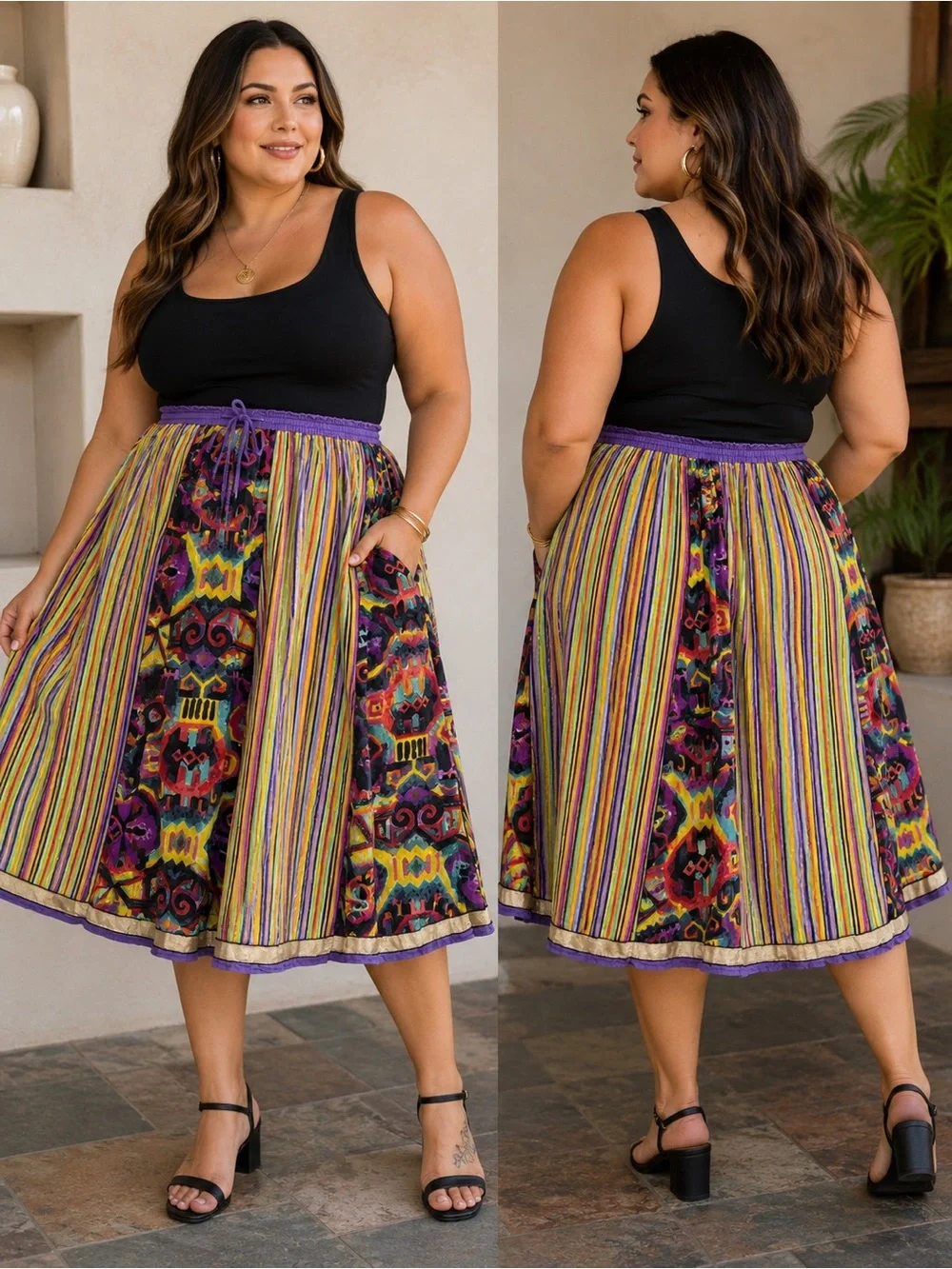 Soft Surroundings 2X Colorful Boho Skirt 100% Cotton Rainbow Stripe Tribal Print
